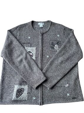 Vintage Reflections Winter Cardigan Sweater Snowflake Cabin Tree Embellished
